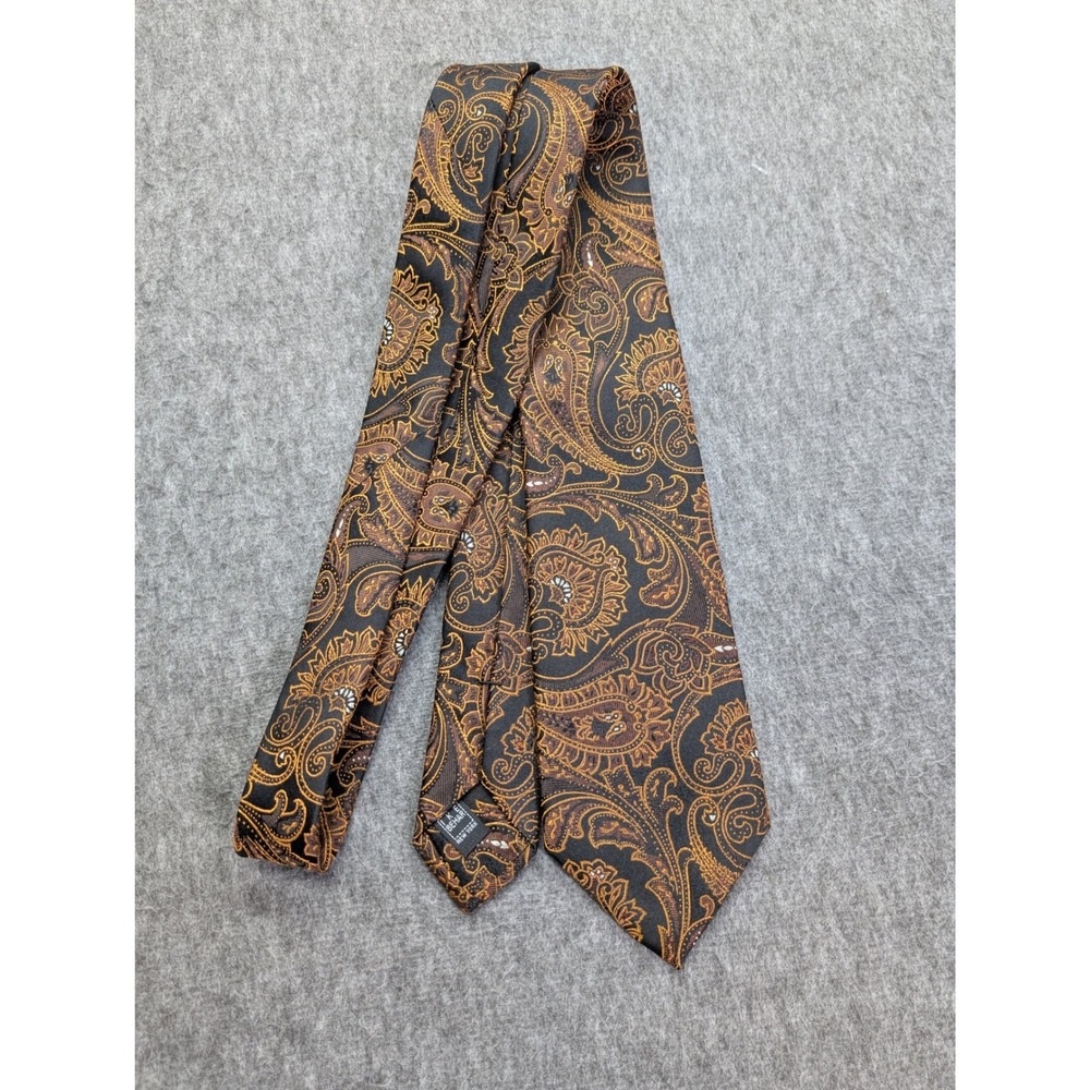 Ike Behar New York Mens Silk Paisley Tie Black Gold Bronze Formal Business 3.5"